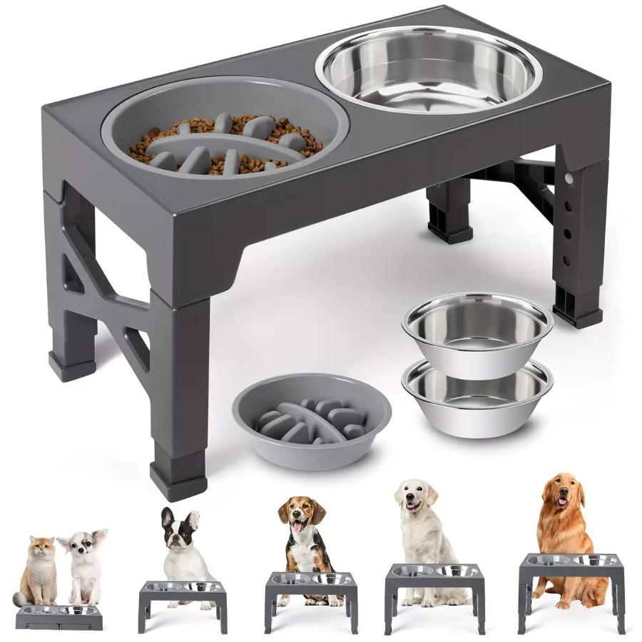 Pet Folding Table Cat Dog Bowl Adjustable Lifting Bracket Double Stainless Steel Food Water Bowl Slow Food Bowl Pet Accessories