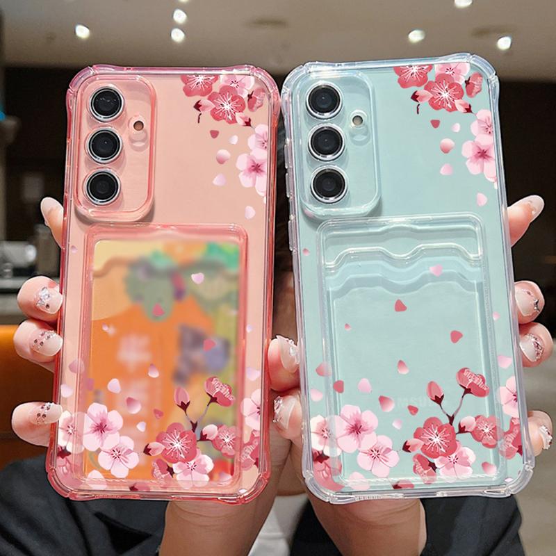 For Samsung S25 Ultra S24 FE S23 S22 A56 A36 A16 A55 Cover Sakura Floral Pattern Soft Silicone Card Slot Shockproof Clear Slim Phone Case