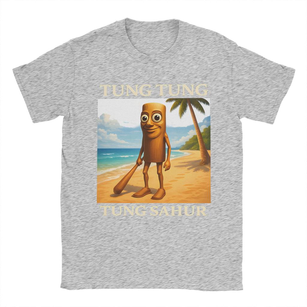 Kawaii Surreal Tung Tung Tung Sahur Beach Tshirts Unisex Oneck Short Sleeve Clothing Italian Brainrot Meme Cotton Summer Clothing