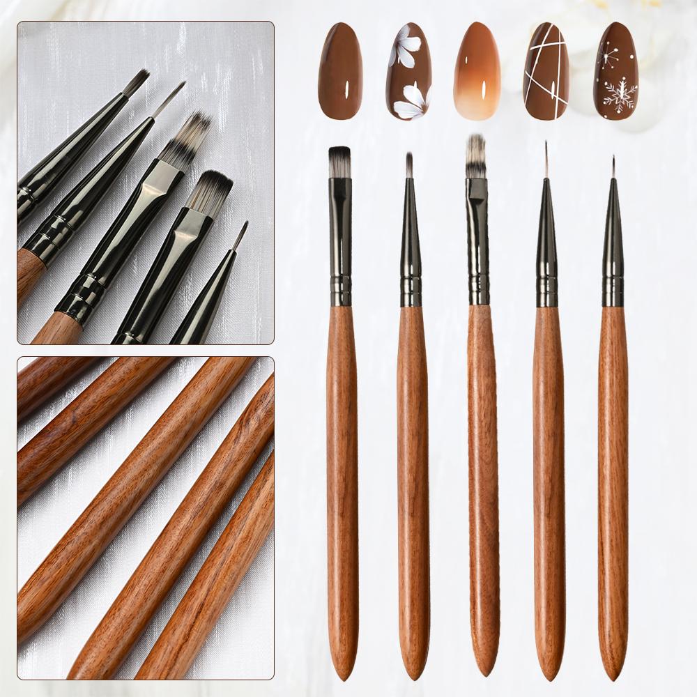 5pcs Wood Handle Acrylic Nail Brush Professional Drawing/Painting/Liner Nail Art Brush Pen 0.7/0.9/1.1/1.2cm UV Gel Nail Brush *