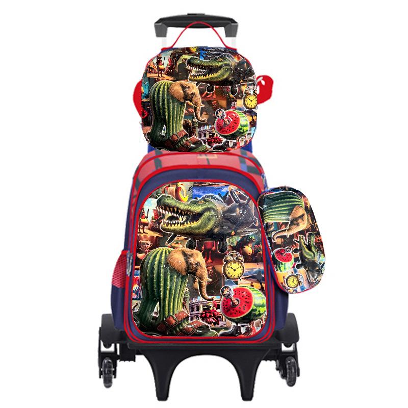 Cute Cartoon Double-Shoulder Backpack with Two-Wheel and Six-Wheel Options, 3-Piece Set for Primary School Students