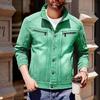 Men's Solid Color Washed Denim Jacket Long Sleeve Stand Collar Button Down Casual Jacket with Zipper Pockets