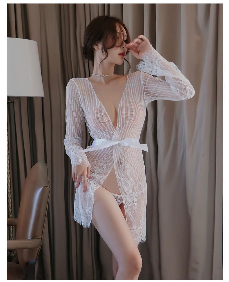 Babydoll Nightgown Sexy Popular Slip Mesh Lace Lingerie Summer [Pure Seek] Women's See-Through (White)