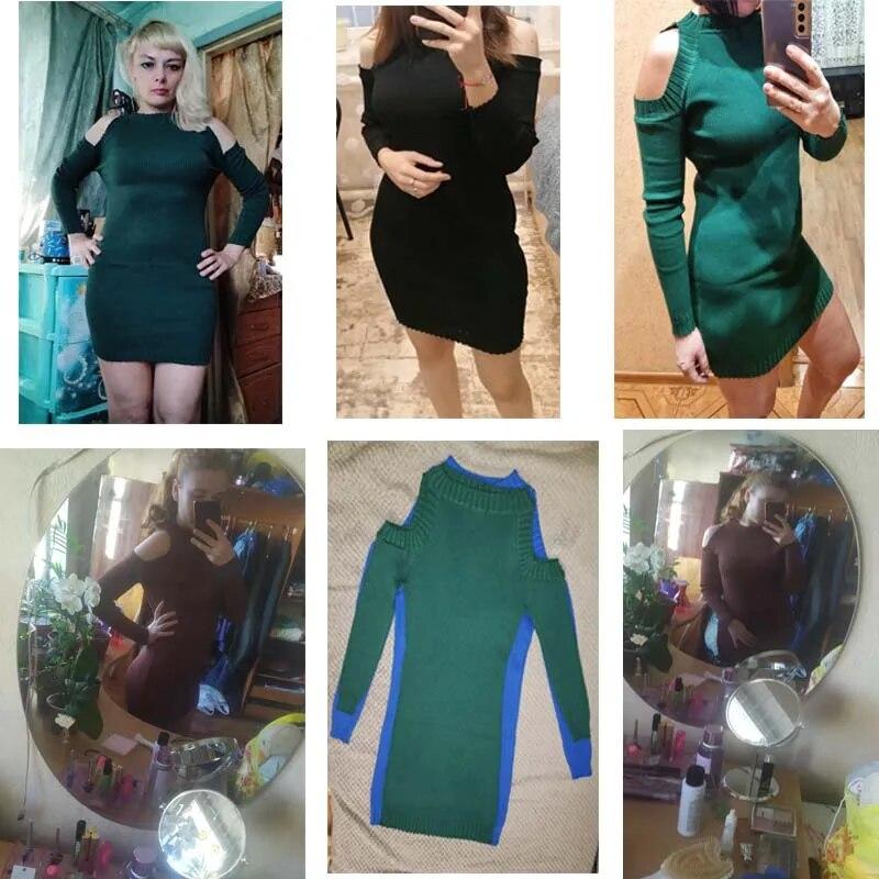 Schulterfreies, langärmliges Strickkleid für Damen, sexy und eng anliegender Strickpullover, Hüftwickel-Unterziehpullover, ausgehöhlt, mittellang