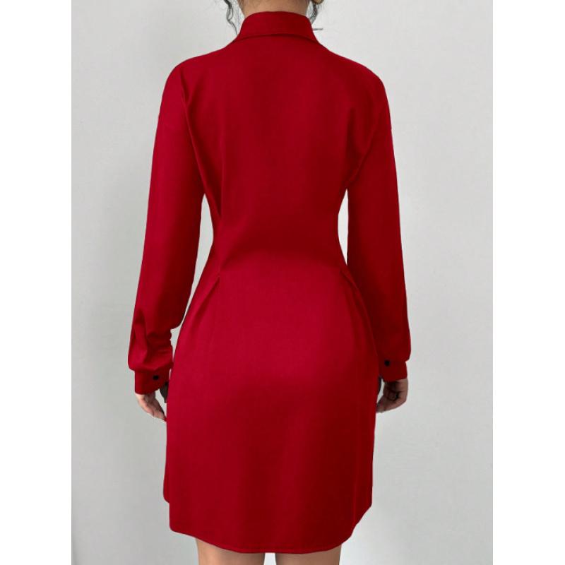 Women's Elegant Turn Down Collar Long Sleeve Knee-Length Button Down Shirt Dress Slim Waist Pleated Mini Dresses