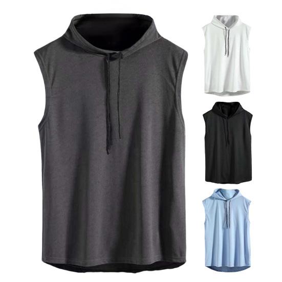 Men Vest Hooded Adjustable Drawstring Sleeveless Summer Vest Wide Shoulder Straps Pure Color Quick Drying Sports Tops