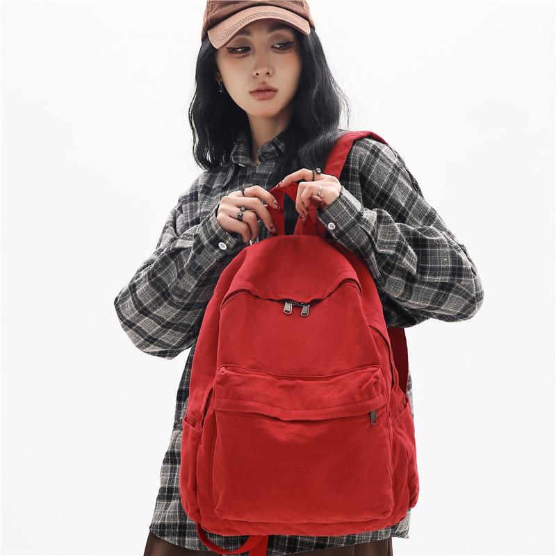 School Bag Vintage Style Washed Canvas Backpack for Women, for Junior High, High School, and College Students, Simple Solid Color Backpack