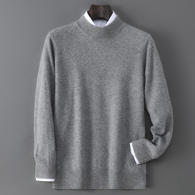 Men's 100% Pure Wool Half-High Neck Sweater - Solid Color, Business Casual Knit Base Layer Top