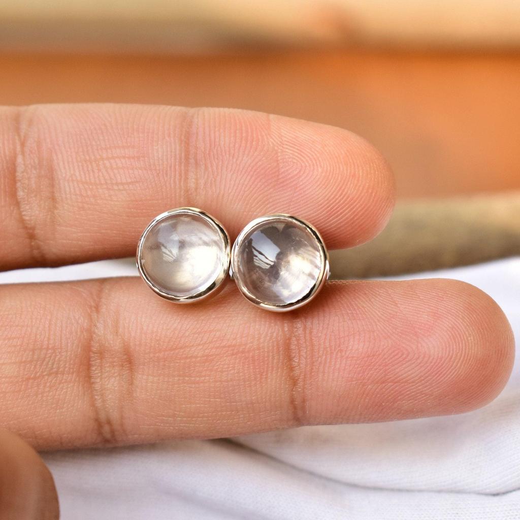 Sterling Silver Rose Quartz Earrings // Rose Quartz Stud Earrings // 10 MM Rose Quartz Cabochon Earrings | Gemstone Studs , Stud Earrings