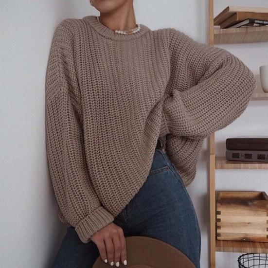 O-Neck Long Sleeve Knitted Sweater Ribbed Edge Solid Color Coarse Yarn Women Sweater Female Clothing