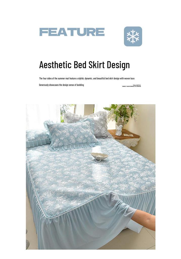 Princess Style Cooling Bed Skirt Set with Ruffled Lace Bedspread - Ice Silk Bean Mat for Summer