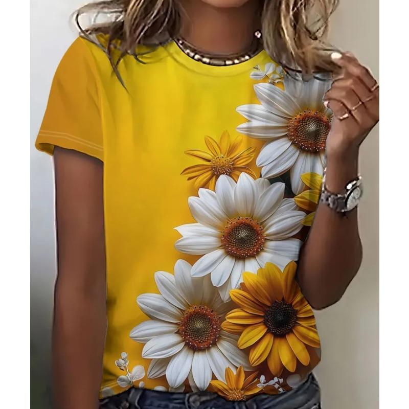 Summer Round Neck Flower Print Comfortable Fashionable Oversized Breathable Casual Women's T-shirt