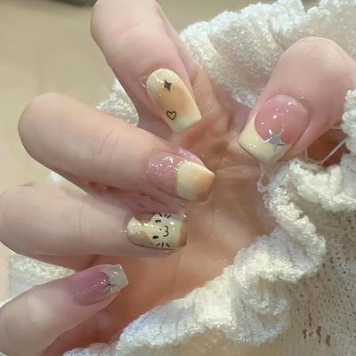 Cute Cartoon Pure Hand-wearing Armor Short Armor Piece Hand-painted Cat French Ins Style Armor Piece Manicure