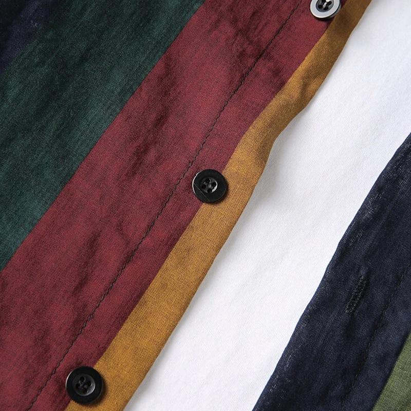 Frühling Herbst Herren Streetwear Bunt Vertikale Streifen Locker Langarmhemd Freizeitmode Retro Button-down Baumwolle Taschen Oberteile