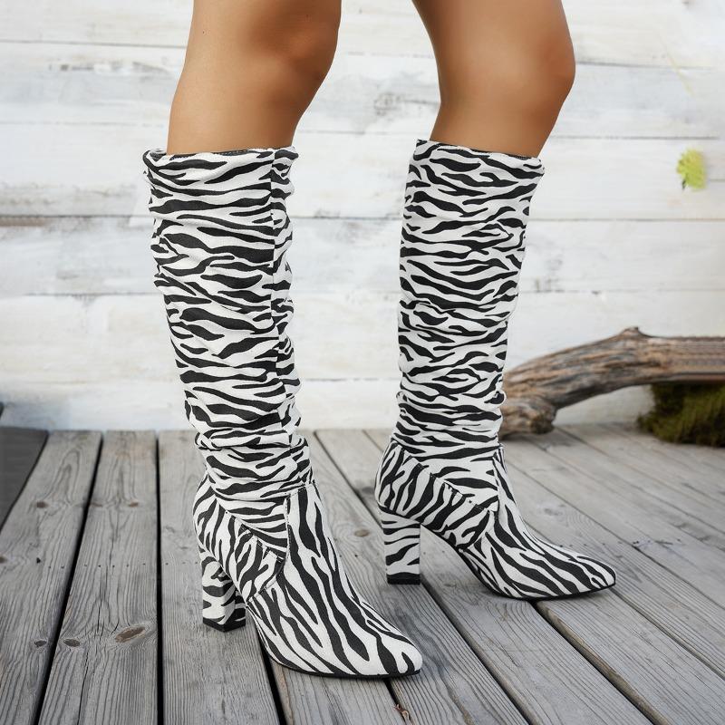 Wind New Pointed Zebra Pattern Thick Heel But Knee Boots Sleeve Large Size Super High Heel Trendy Women's Boots