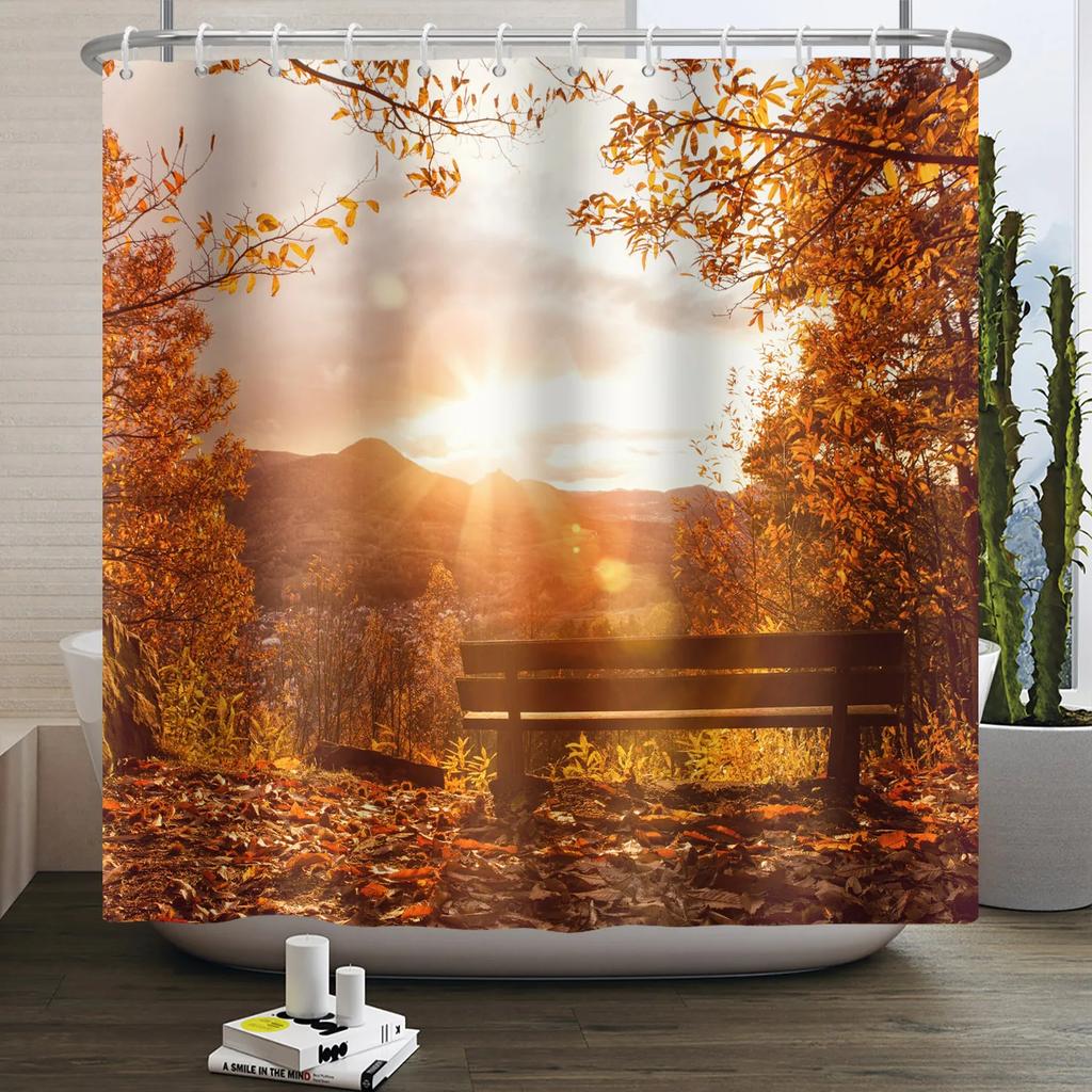 Fall Forest Natural Scene Shower Curtain for Bathroom Autumn Maple Tree Plants Rural Landscape Pumpkin Waterproof Shower Curtain