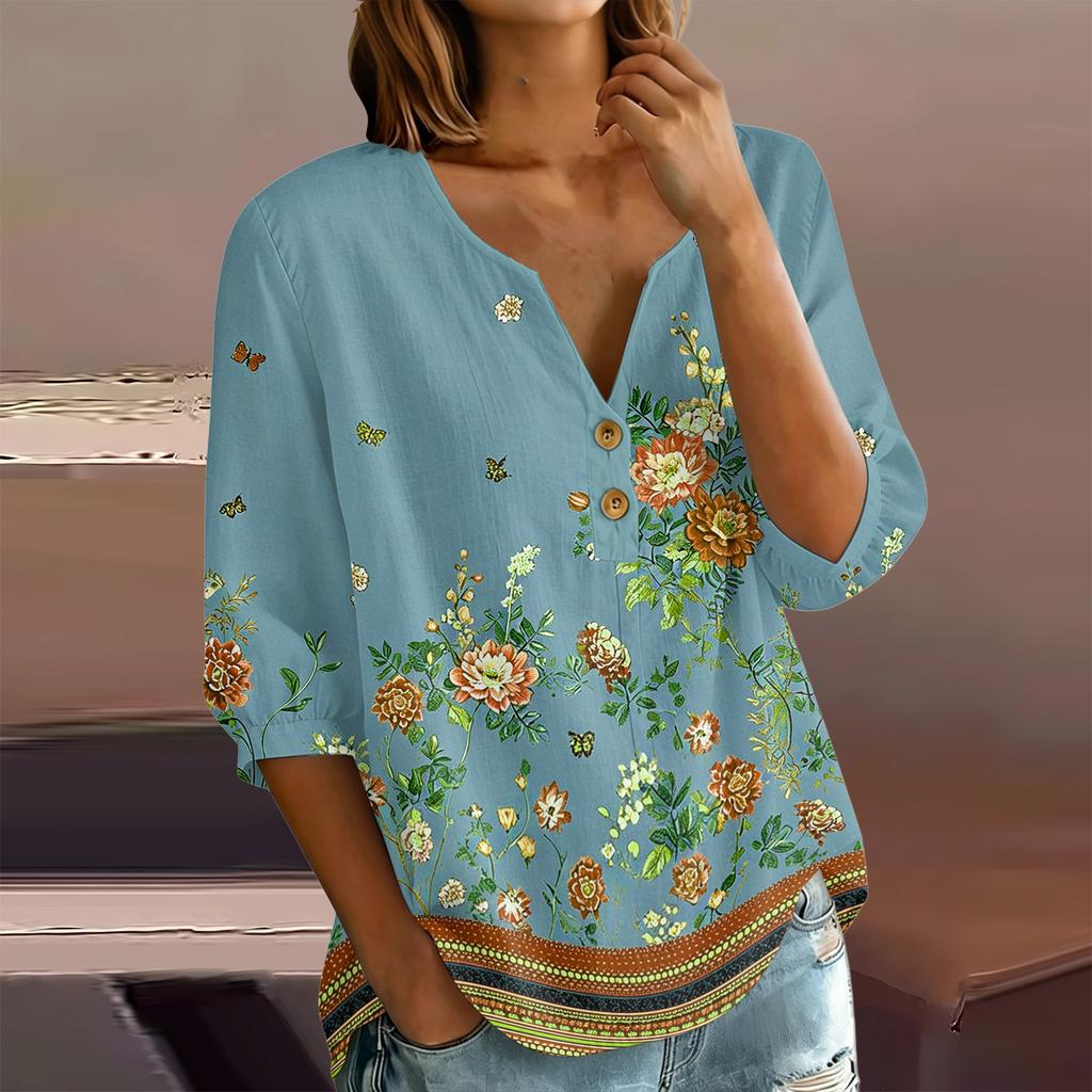 Women Floral Print Henley Button Neck Shirt Three Quarter Sleeve Cotton Linen Blouse Casual Loose Fit Top