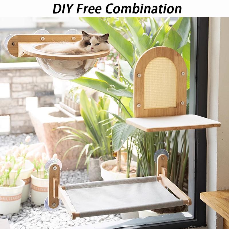 DIY Free Combination Cat Hammock Suction Cup Solid Wood Cat Bed Window Hanging Cats Hammock Sisal Scratching Post Pet Supplies