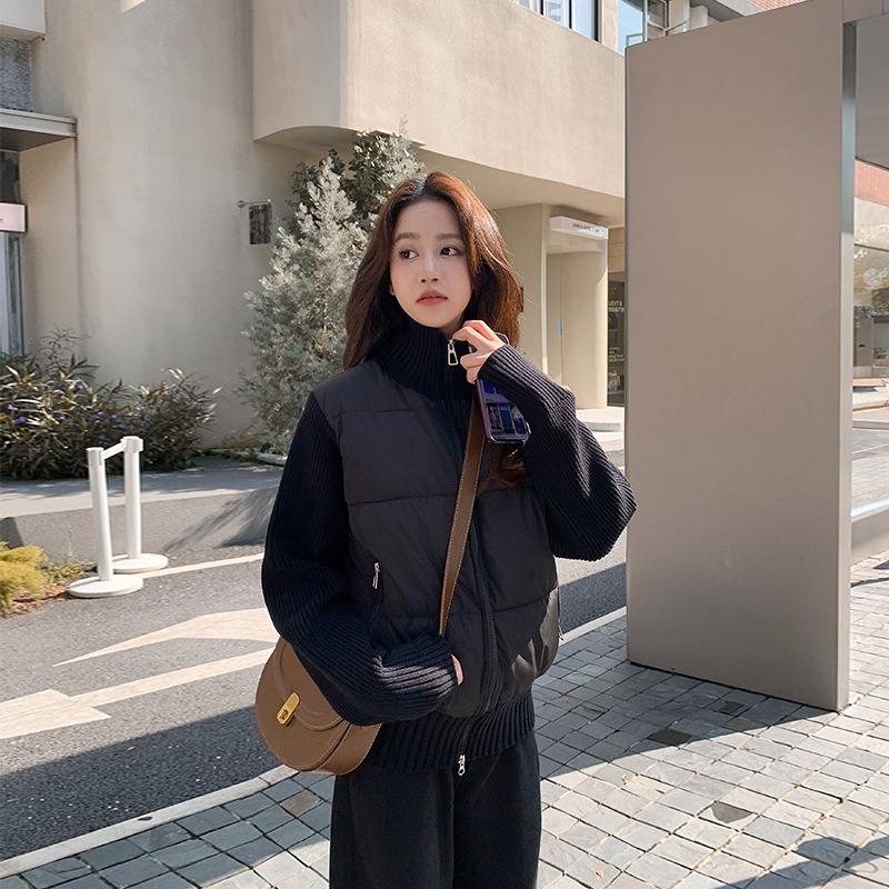Down cotton-padded clothes women's short knitted splicing small jacket autumn and winter new light and thin stand-up neck cotton-padded clothes