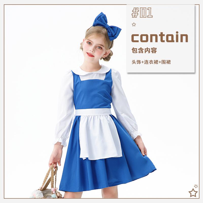 

Детская одежда Синее платье горничной Алисы Пасторальное фермерское платье принцессы Платье для выступлений Лолиты для девочек 150cm