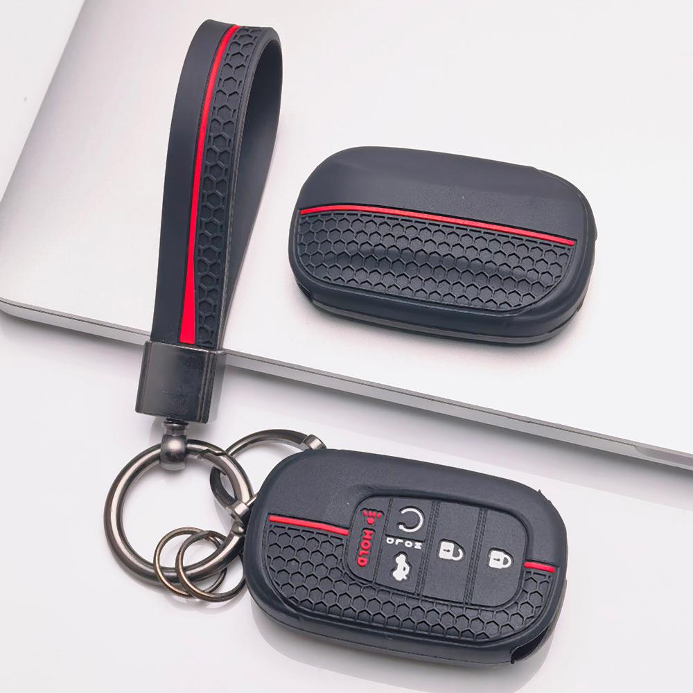 Soft Silicone Car Key Ring Strap for Honda Fit Civic Accord Inspire HRV CRV Pilot Odyssey ZR Honeycomb Texture Racing Stripe Key Ring Holder Protector