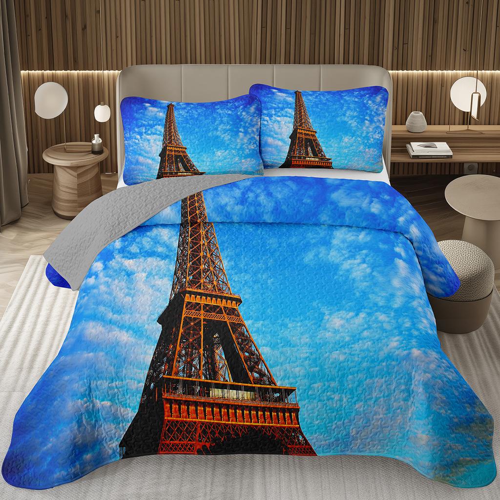 Eiffelturm Tagesdecke Vintage Paris Stadtlandschaft Quilt-Set Doppel-/Queen-Größe, Weiche Leichte Wendbare Tagesdecke für Mädchen Frauen