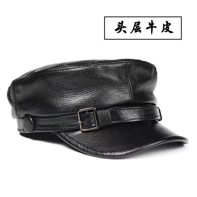 Korean Genuine Leather Cap - Autumn Winter Warm Cowhide Baseball Hat with Ear Flaps, Middle Aged Men Outdoor