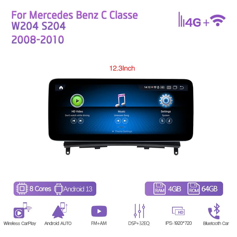 10.25/12.3" Android13 For Mercedes Benz C Classe W204 S204 2008-2010 Car Multimedia Player GPS Navigation CarPlay 4G 360Camera