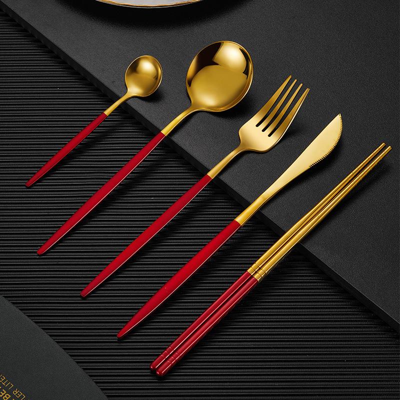 5-piece Stainless Steel Tableware Set Household Black Gold Chopsticks Spoon Green Gold Tableware Set Red Gold Luxury Tableware Set