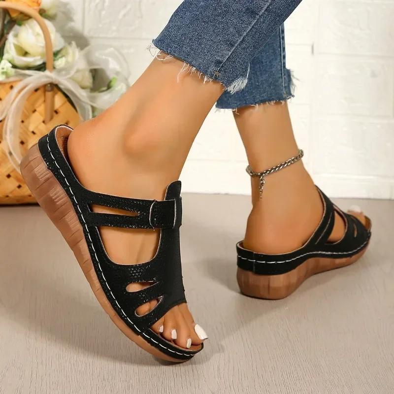 Pantofi de damă la ofertă 2025 Vară Papuci casual de înaltă calitate Femei Vârf deschis Exterior Vârf rotund Platformă Pane Sandale de damă