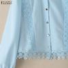 ZANZEA Women Casual Turn Down Collar Long Sleeve Lace Splice Blouse