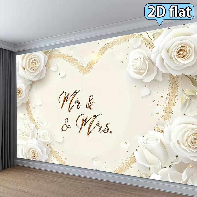 2D Flat Printing Mr & Mrs White Rose Background Cloth for Wedding