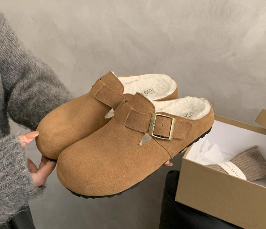 Boken Shoes with Fleece Bag Head and Half Slippers, Women's Outer Wear Fluffy Slippers 2025 New Autumn and Winter One-pedal Ugly Cotton Drag