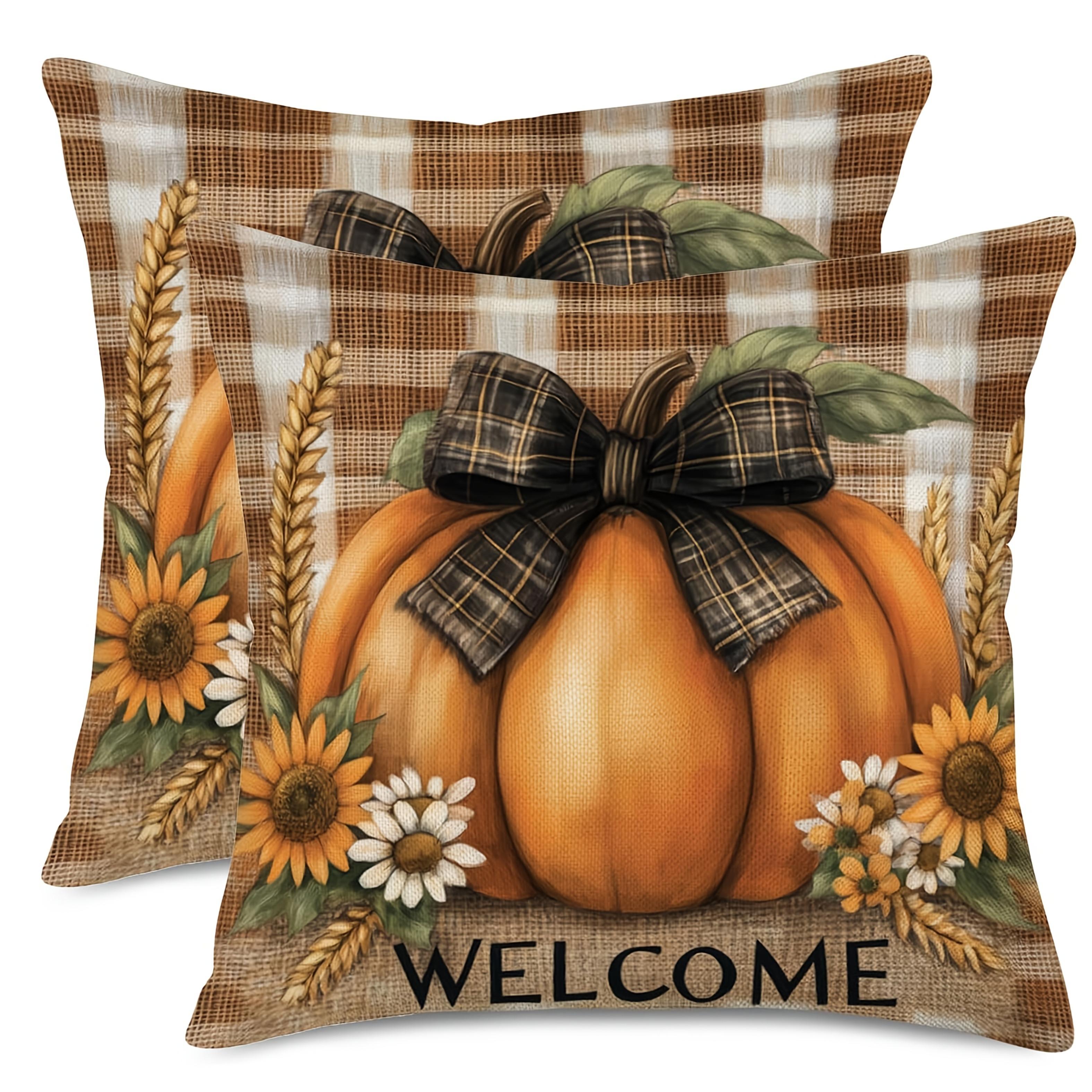 2pcs Autumn Fall Decorative Throw Pillowcases Farmhouse Plaid Pumpkin Sunflower Wheat WELCOME Design 18x18in 2PCS