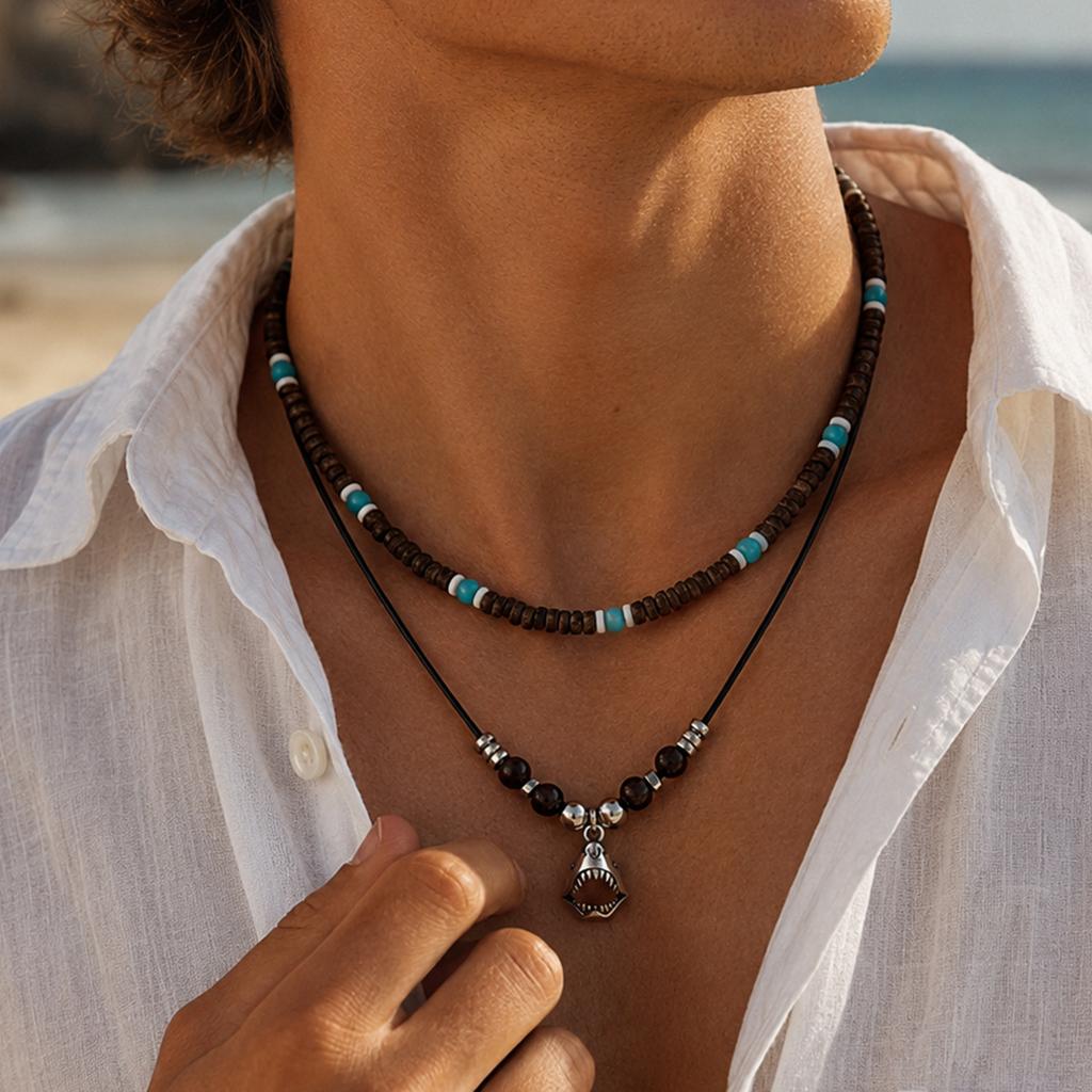 European and American style coconut shell necklace for men, trendy hip-hop niche beach vacation style tooth pendant collarbone chain men's accessory
