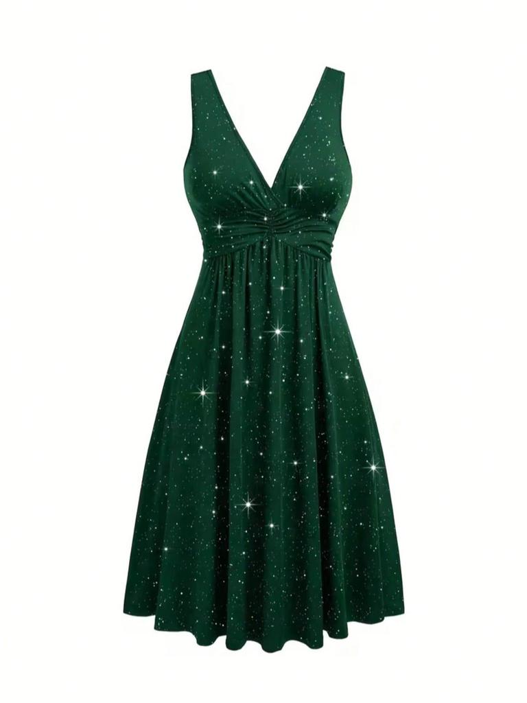 Abito Elegante da Donna Taglie Forti con Scollo a V, Glitter e Pieghe - Primavera/Autunno 2026