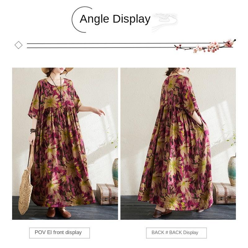 QICED Свободное Большого размера Ретро Хлопок и Лен Принт Тонкое Платье Лето Полная — фото 7