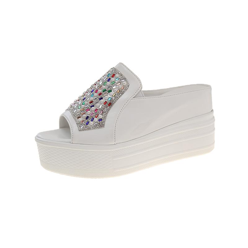 Fashion 2025 Summer New Women's Open Toe Increase Height Slippers Crystal Pearl Embellished Outdoor Platform Casual Plus Size Sandals