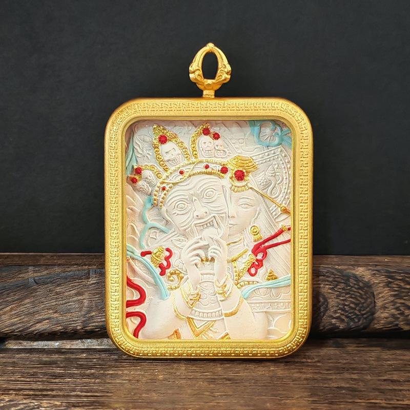 Tibetisches Grünes Tara & Gelbes Jambhala Amulett: Titanstahl Medizin Buddha Anhänger