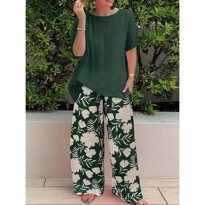 Women's Fashion Casual Summer Spring Flower Pattern Print Short Sleeve O-Neck Trousers Pants Suits
