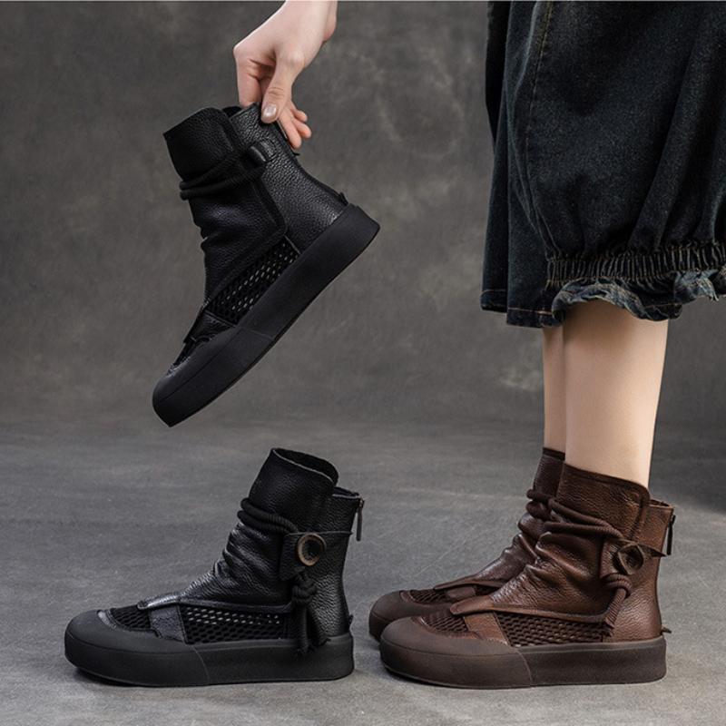 Johnature Hohle, atmungsaktive Retro-Sommerstiefel aus echtem Leder mit Reißverschluss hinten und römischen Sandalen mit dicker Sohle für Damen