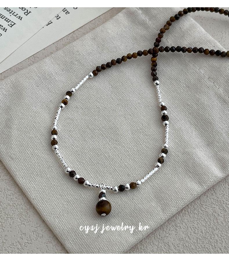 Cui Yan S925 Sterling Silver Korean Tiger's Eye Bead Necklace - Women's Fashionable Autumn/Winter Clavicle Chain