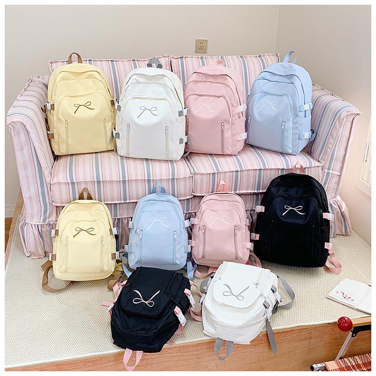 Japanese & Korean Style Cute School Backpack with Bow - Versatile for Middle & High School Students, Casual & Simple Solid Color Design