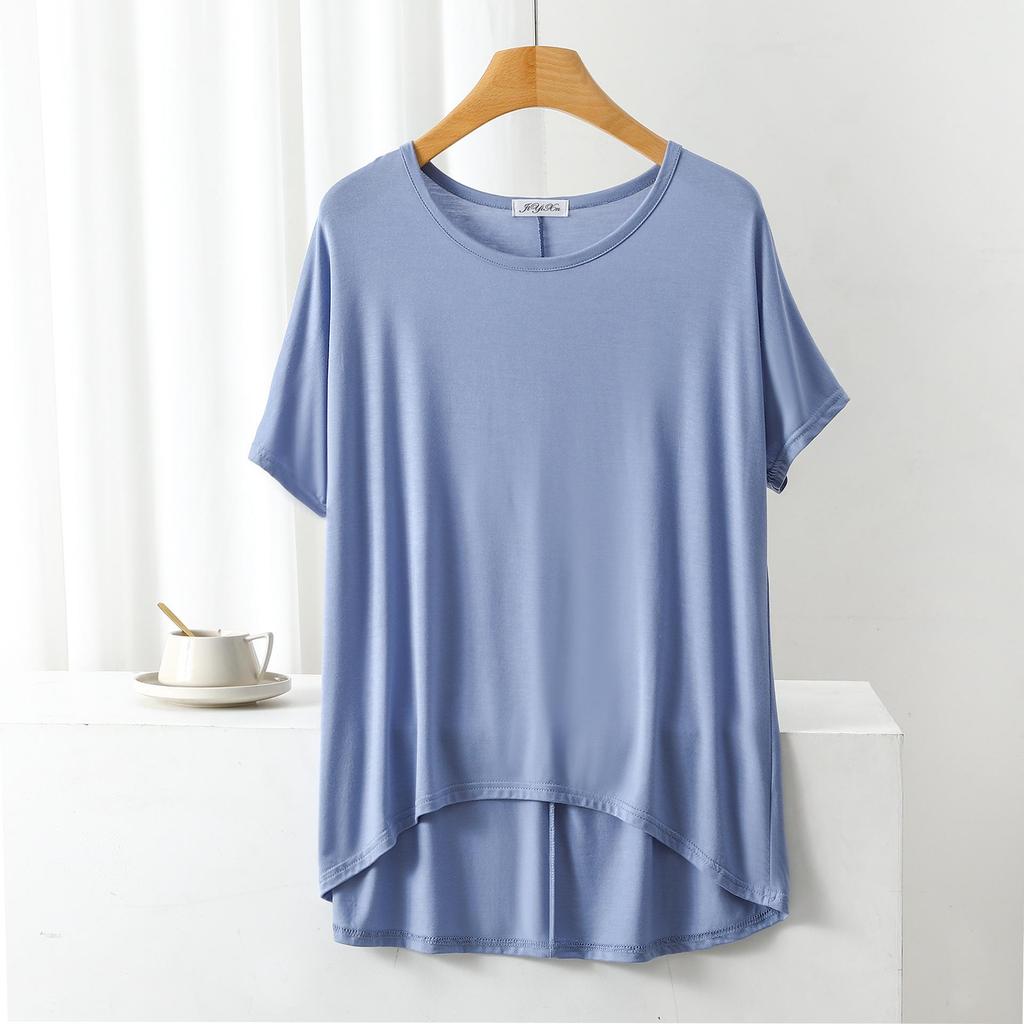 Sommar Lös Passform Modal T-shirt: Kort fram, lång bak, Plusstorlek Fladdermusärm
