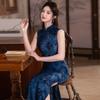 Blue Sleeveless Modern Chinese-Inspired Long Cheongsam Dress Women 2026 Stylish Retro Fit