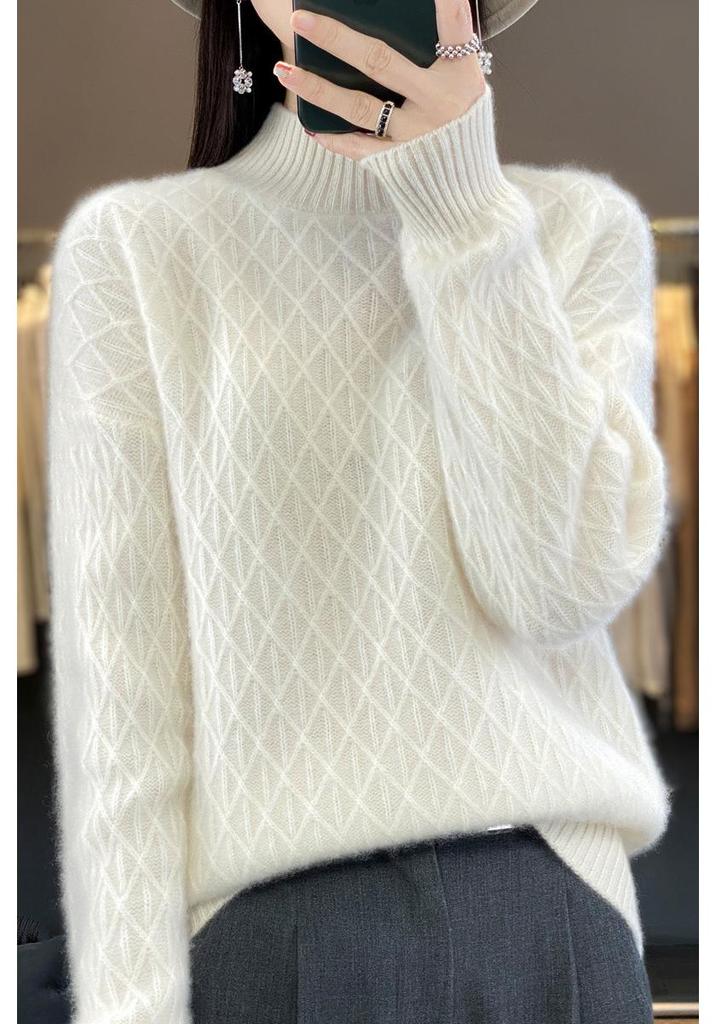 2023 Loose Fit High Neck Wool-Blend Sweater with Diamond Pattern for Autumn & Winter