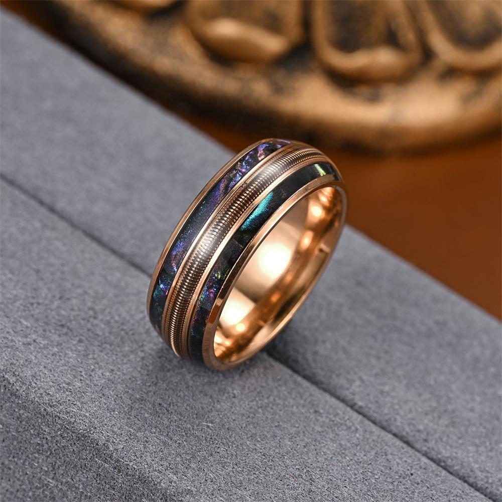 8mm Rose Gold Color Stainless Steel Guitar string Rings for Men Inlay Colorful Abalone Rings Wedding Band Jewelry Gifts