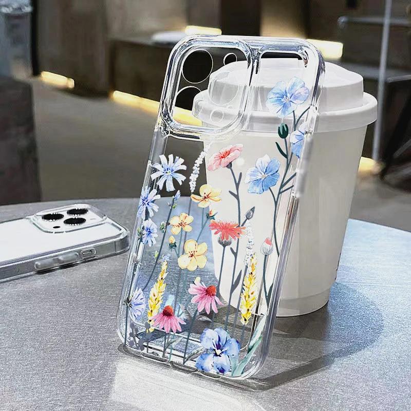 Colorful Floral Transparent Funda Phone Case For iPhone 17 Air 16 15 13 12 11 Pro Max Pro Plus Shockproof Anti-Drop Back Cover