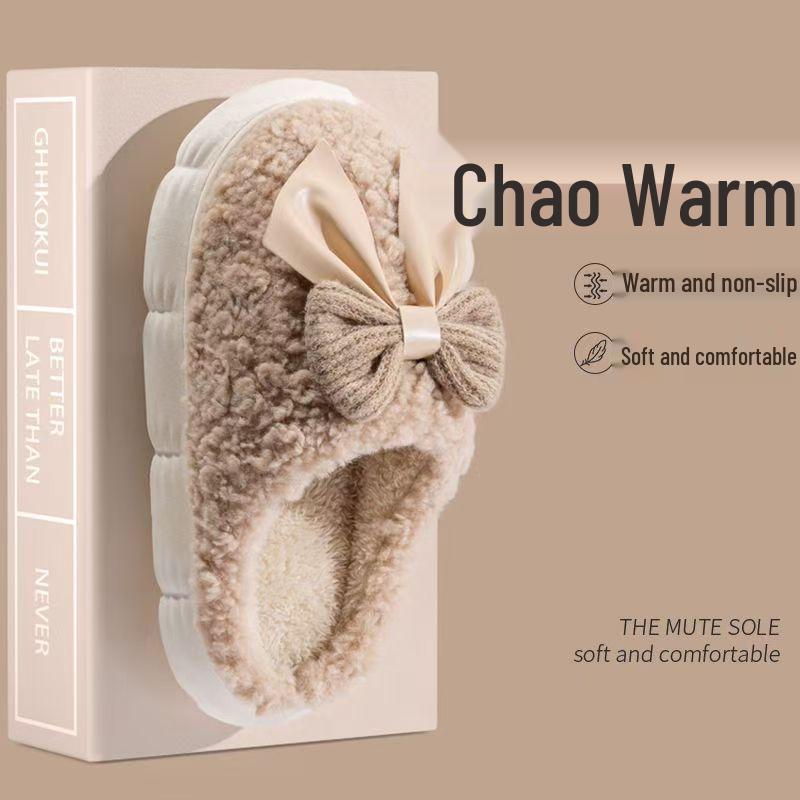Maternity Bow Knot Cotton Slippers: Plush, Non-Slip, Thickened, Closed-Heel Autumn/Winter Footwear for Women