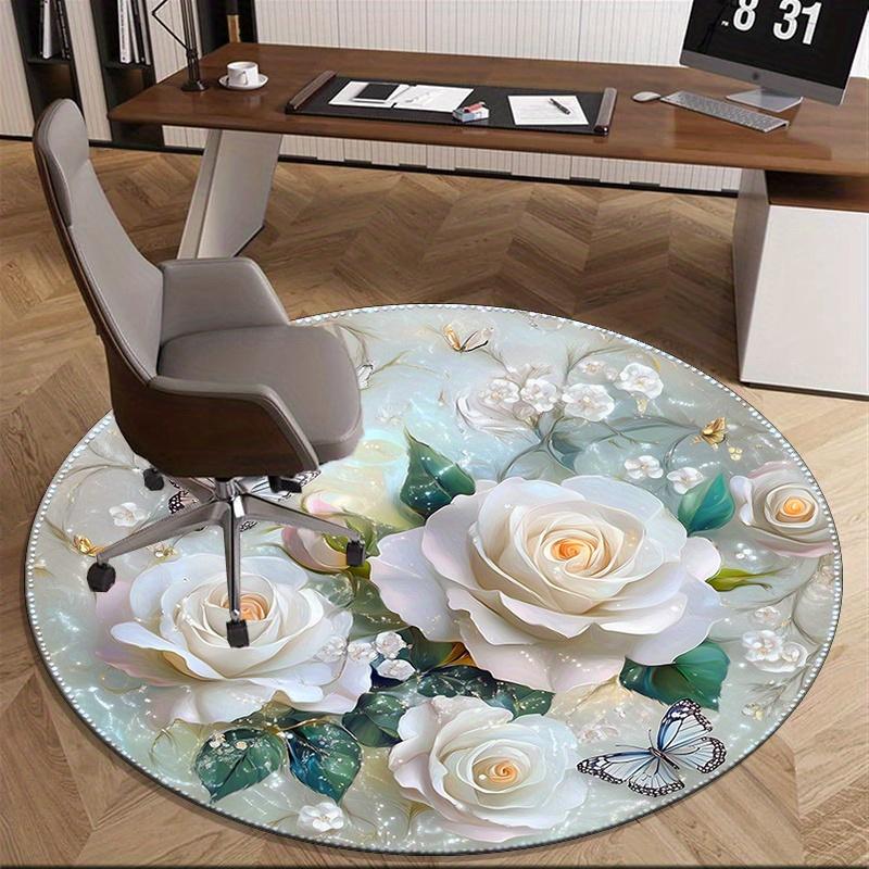 1pc Floral Round Rug - White Roses, Butterflies and Delicate Flowers, Polyester, Suitable for Bedroom Living Room Decoration
